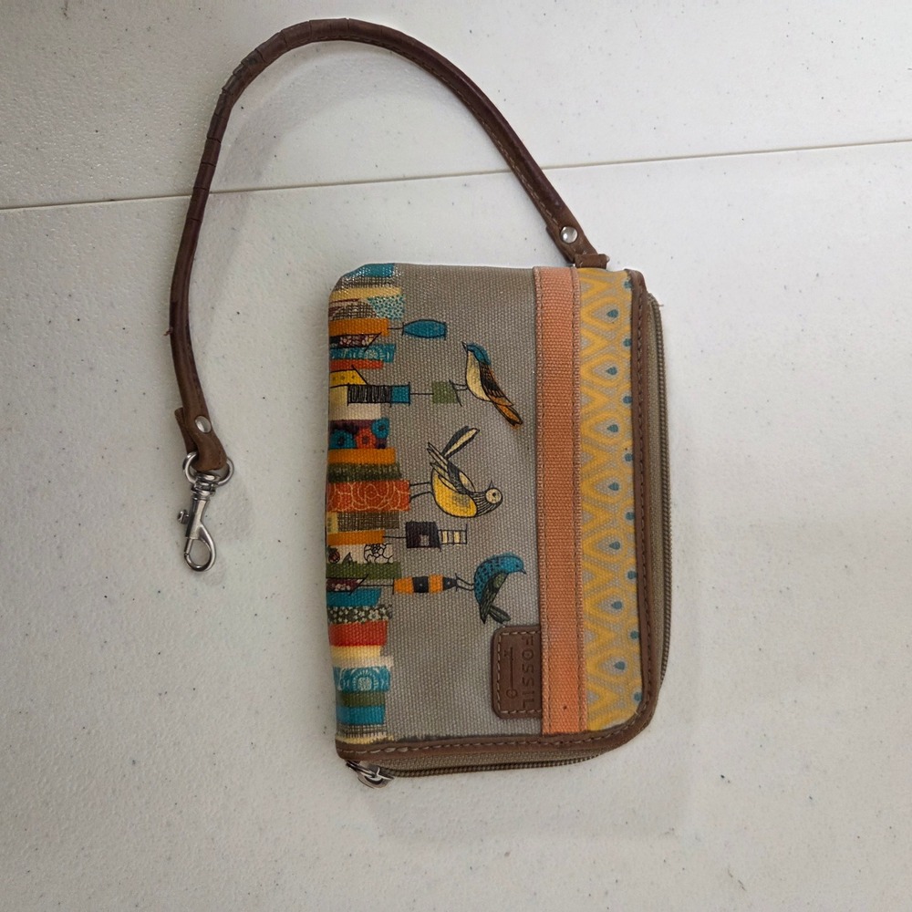 Fossil Key-Per Bird Print Coated Canvas Zip Around Wristlet Wallet Gray Yellow